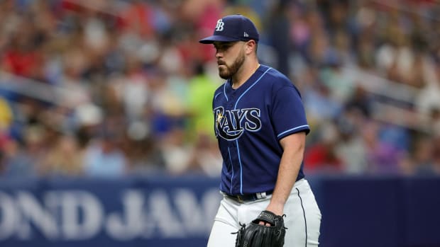 Sep 4, 2023; St. Petersburg, Florida, USA; Tampa Bay Rays starting pitcher Aaron Civale (34) leaves the game against the Boston Red Sox in the sixth inning at Tropicana Field. Mandatory Credit: Nathan Ray Seebeck-USA TODAY Sports